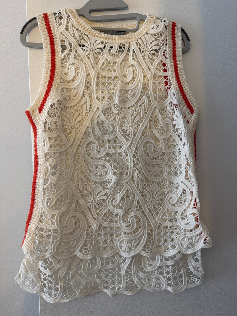 InCashmere Ivory Crochet Tank with Red and Tan Stripe Trim